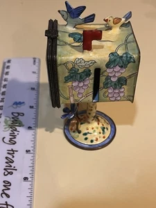 VTG Kelvin Chen Enameled Metal Bird House Stamp Holder 2004 Hummingbird Grapes - Picture 1 of 12