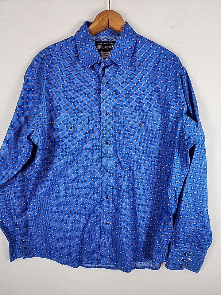 Wrangler Western Shirt Men's Long Sleeve Sz L Pearl Snap Jr Blue White Geometric - Image 1 of 4