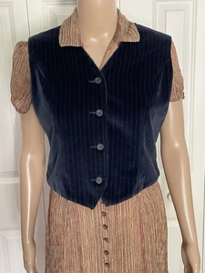 Vintage Liz Sport Claiborne 6 Navy Blue Velvet Striped Lined Button Up Vest - Picture 1 of 14