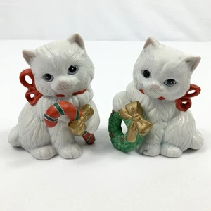 Vintage Paar kleine Homco Porzellan weiße Katze Kätzchen Weihnachtsfiguren - Bild 1 von 5