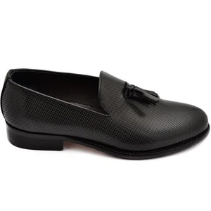 Scarpe uomo mocassino elegante cerimonia in vera pelle nera puntinat con nappe f - Foto 1 di 9