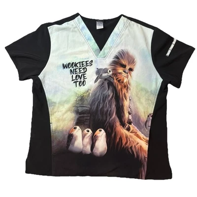 Y2K Star Wars Chewbacca Wookiee Scrub Top Unisex XL All Over Print Lucas Film - Image 1 of 4