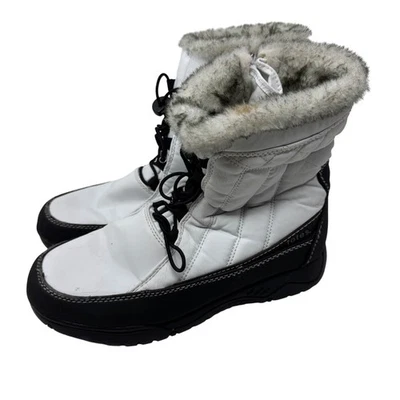 Winter Snow Boots 10 Totes White Black Fur Lined Quilted Waterproof Ankle Boots - Image 1 of 4