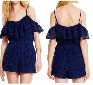 Jessica Simpson Norah Cold Shoulder Blue Depths Ruffled Lace Romper M - Picture 1 of 7