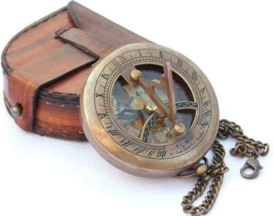 Vintage Maritime Pocket Sundial Nautical Brass Compass With Antique Leather Case - Image 1 of 4