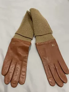 Cole Haan Women’s Touch Screen Long Leather Rib Knit Brown Gloves - Picture 1 of 6