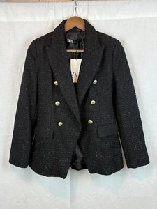 ZARA Zweireiher Struktur Blazer Web Tweed Schwarz Gold Knopf Damen XS - Bild 1 von 6