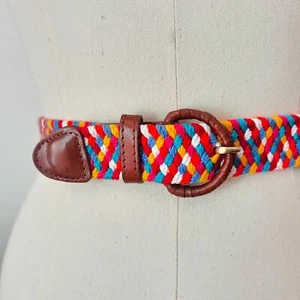 Rainbow Braided Corded 90’s 90s Vintage Cotton Stretch Brown Leather Belt S M L - Picture 1 of 10