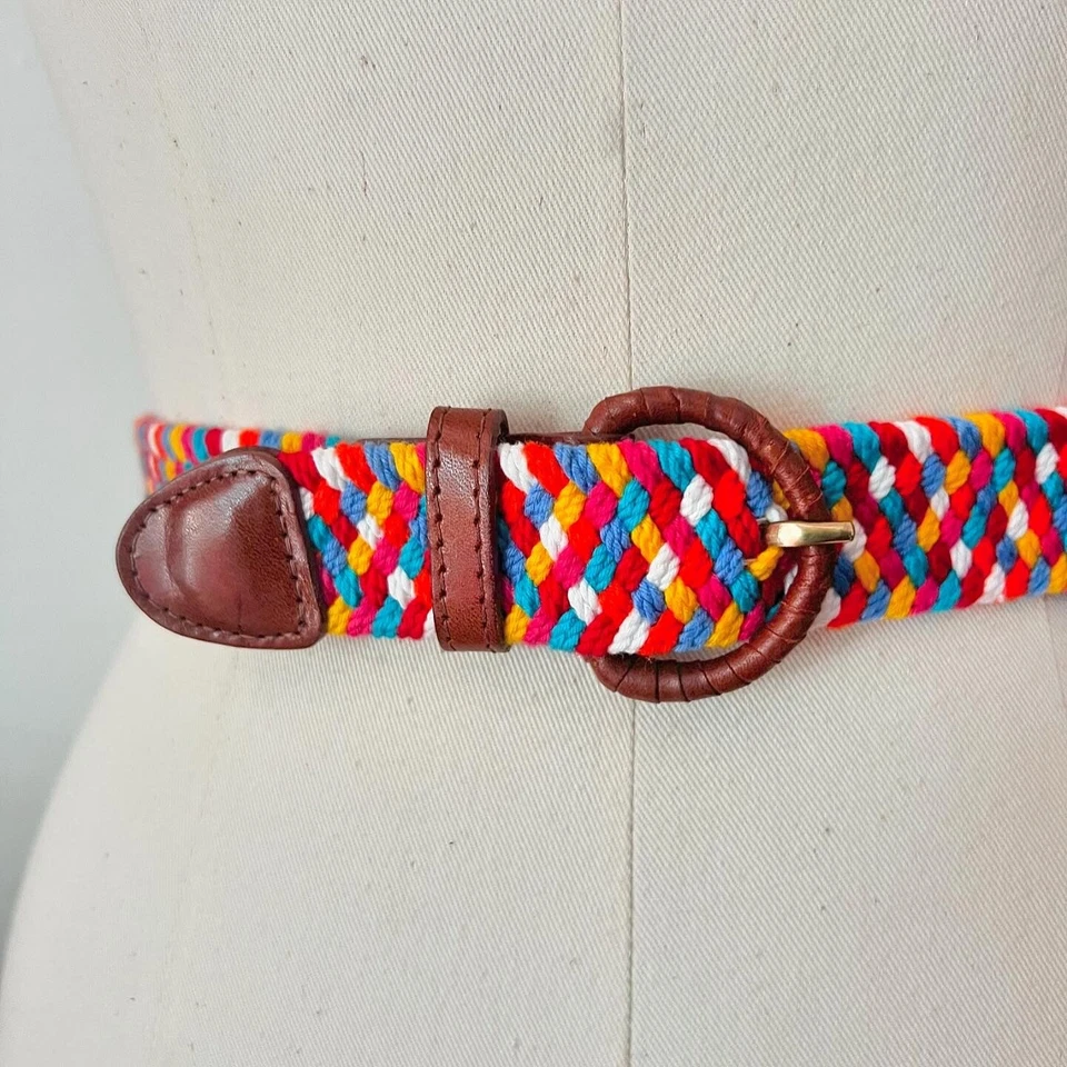Rainbow Braided Corded 90’s 90s Vintage Cotton Stretch Brown Leather Belt S M L - Image 1 of 4