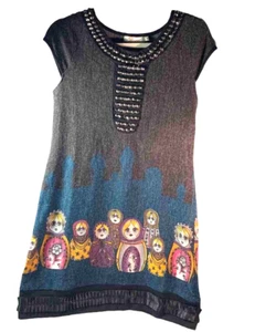 Aryah M Boho Russian Dolls Studs Minarets Black Ribbon Bottom Trim Sweater Dress - Picture 1 of 9