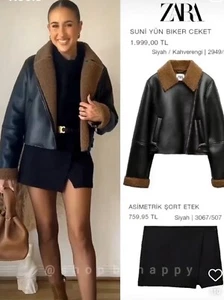ZARA NEW WOMAN FLEECE BIKER JACKET BLACK BROWN L 2949/221 - Picture 1 of 5