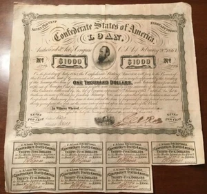 Confederate States of America Loan $1000 1863 Stonewall Jackson Civil War Coupon - Foto 1 di 8