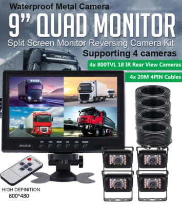 9" Quad Monitor Split Screen 4xRear View Camera Package For Truck RV 4x20M Cable - Image 1 of 4