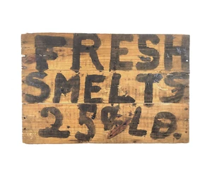 Antique/Vtg FRESH SMELTS SIGN MAINE Primitive Trade Sign Fishing Chef Kitchen - Picture 1 of 7