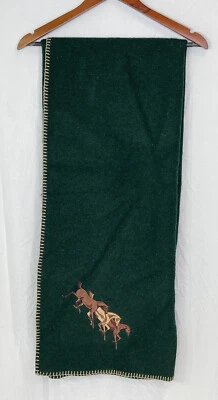 Woolrich Blanket Deep Green Wool Throw Embroidered Brown Tan Horses 62 X 40 USA - Image 1 of 4