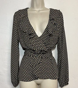 NWT Max Studio Small Blouse Black Yellow Long Sleeve Tie Waist Ruffle V-Neck Top - Picture 1 of 6