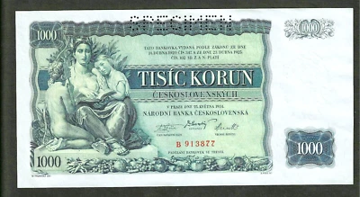 1934 CZECHOSLOVAKIA 1000 KORUN SPECIMEN ~ P-26s ~ SPECIMEN ~ CHOICE UNCIRCULATED - Image 1 of 2