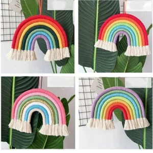Hand Woven Rainbow Macrame Tapestry Wall Hanging Nursery Room Cloud Decor Art - Picture 1 of 20