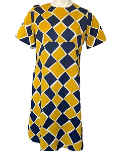 1960 Dress Gold Blue Diamonds Mod Zips In Back Hip Short Sleeve Knee Length - Picture 1 of 16