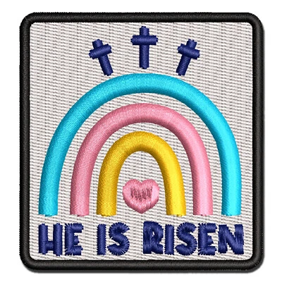Easter Rainbow He is Risen Three Crosses Multi-Color Embroidered Iron-On Patch - Image 1 of 4