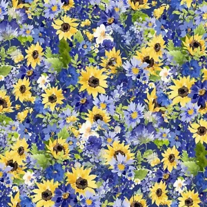 Tela Y3909-30 azul oscuro girasoles Heatherlee Chan Clothworks BTHY - Imagen 1 de 3