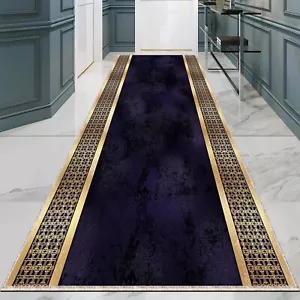 Corredor de pasillo de lujo, elegante alfombra de pasillo, alfombra dorada azul marino - Imagen 1 de 12