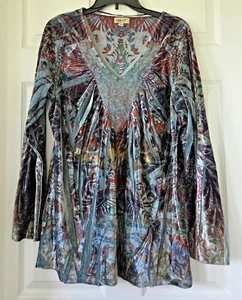 ONE WORLD Teal & Green Velvet Tunic Top Long Sleeves Boho Whimsy Goth Women's XL - Picture 1 of 10