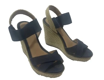 Merona Espadrille Wedge Sandals Shoes Women 7.5 Navy Blue Straps Straw Woven Tan - Image 1 of 4