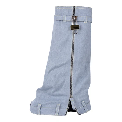 Botas femininas salto cunha grosso biqueira redonda denim desleixado conforto joelho alto US11 - Imagem 1 de 4
