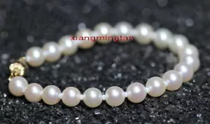 AAAAA 7,5"9-10 mm natürliches echtes rund Südmeer WEISS Perlenarmband 14K GOLD - Bild 1 von 7