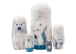 Bambola per nido orso polare dell'Alaska fatta a mano 5 pz tutti 6" 100% legno di tiglio naturale - Foto 1 di 3