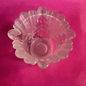 Frosted Glass Candle Holder with Christmas Trees 3" High 4 -1/4" Diameter - Picture 1 of 9