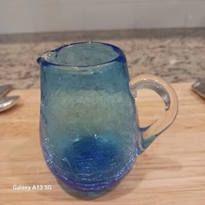 Vintage Cobalt Blue Crackle Glass Clear Handle Pitcher Creamer Hand Blown - Picture 1 of 5