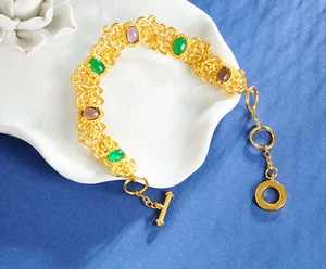 New Inlaid jade 24K Thai Baht Yellow Gold GP Bracelet Jewelry - Picture 1 of 5