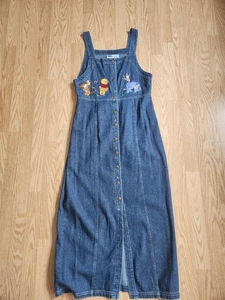 Disney Winnie Pooh Tigger Piglet Eeyore Denim Embroidered Snap down Long Dress - Picture 1 of 10