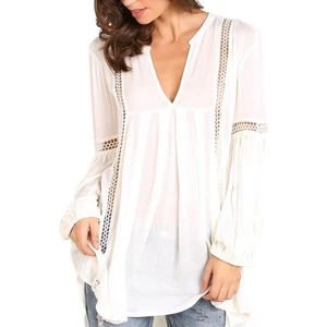 Free People Just The Two Of Us Crochet Trim Tunic Top Ivory Size Small Bohemian - Picture 1 of 14