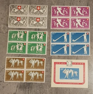 HELVETIA-NATIONAL PHILAT. EXHI. LUNABA-LUZERN BLOCK & SETS IN BLOCKS OF 4 MNH - Image 1 of 2