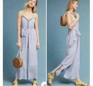 Anthropologie Maeve Jumpsuit Size 12 Blue Maritime Pom Pom White Stripe Crinkled - Picture 1 of 14