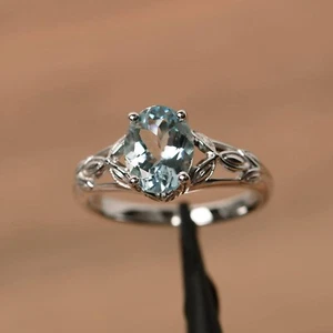 Natural real aquamarine Oval Cut Ring 925 Silver White Gold Plated wedding Rings - Picture 1 of 5