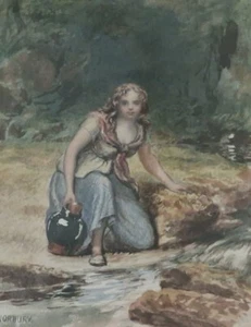 Richard NORBURY R.C.A.(1815-1886) Acquerello quadro antico ragazza al torrente - Foto 1 di 7