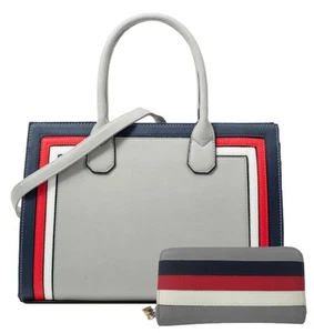 New Three Tone Trim Stripes Top Handle Handbag And Purse Designer Womens Office - Picture 1 of 9