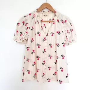 Sezane Blouse Size 36 Cream Pink Floral Short Puff Sleeve Button Up - Picture 1 of 8
