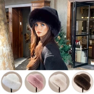 Faux Fur Russian Hat Women's Furry Bucket Hat Fashion Warm Plush Hat Outdoor - Picture 1 of 24