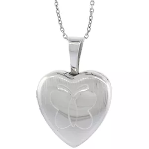 Sterling Silber graviert Schmetterling Herz Medaillon Anhänger, 18" italienische Kabel Kette - Bild 1 von 3