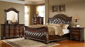 Traditional Luxury Bedroom Set 4pc King Size Upholstered Bed Carving Wood - Picture 1 of 4