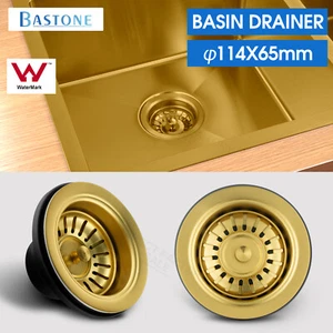 Brushed Gold Kitchen Laundry Sink Strainer Waste Drain Plug Watermark 114mm 90mm - Picture 1 of 9