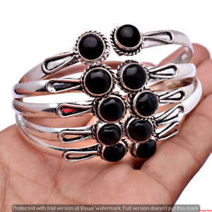 Natural 1 Piece Black Onyx Gemstone 925 Sterling Silver Plated Cuff Bracelets 