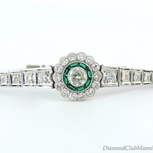 Pulsera antigua de filigrana de platino y diamantes esmeralda de 2,84 quilates Art Deco 16,3 gramos - Imagen 1 de 11