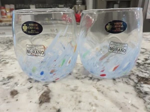 Murano White Crystal Pale Blue Confetti Glass Wine Tumblers Hand Made Italy - Picture 1 of 5