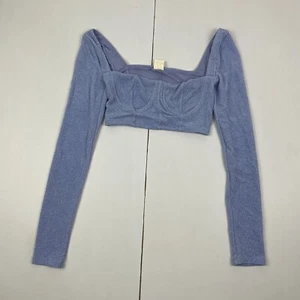 URBAN OUTFITTERS Top XS Blue Plain Women's Long Sleeve Cropped Square Neck - Picture 1 of 14